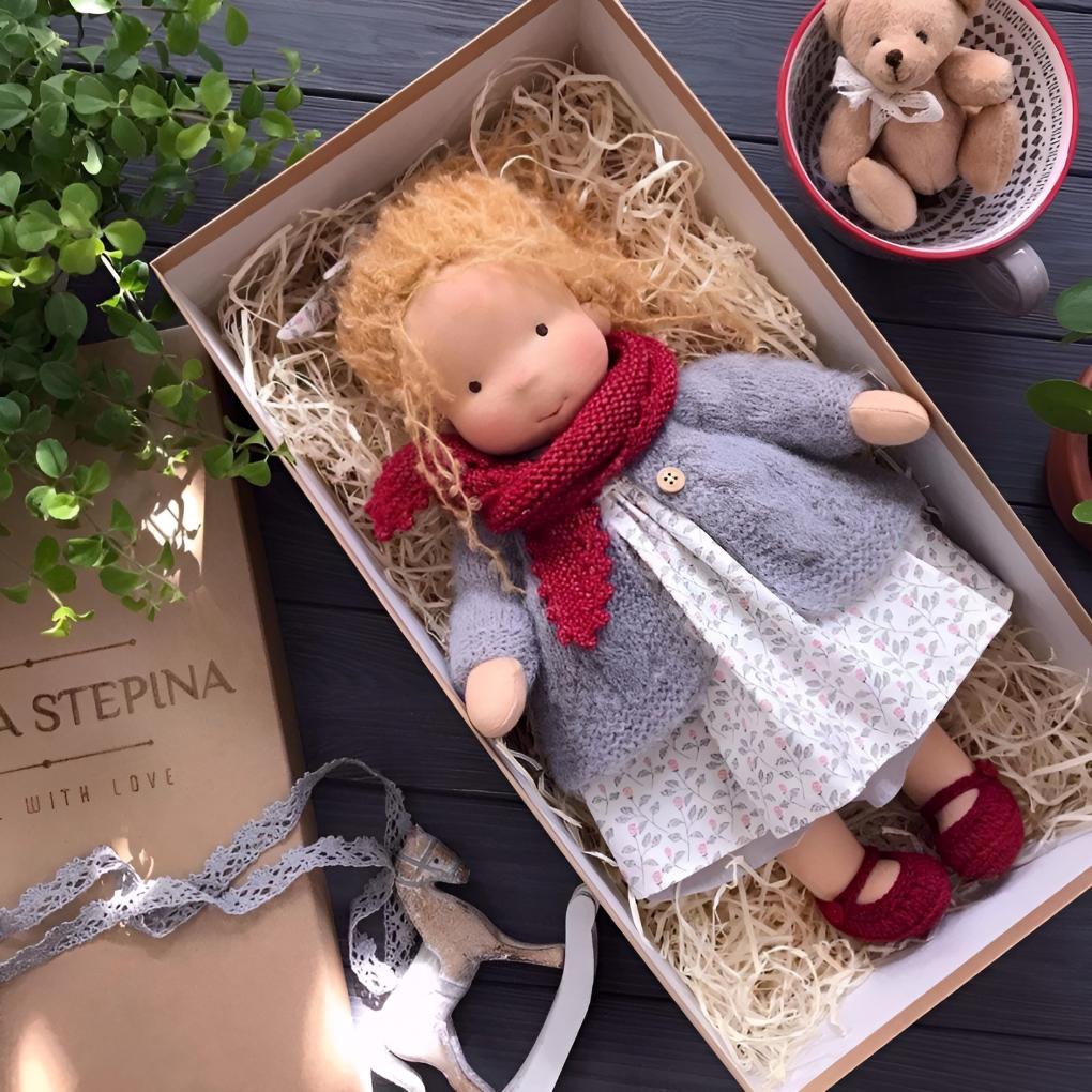 Lovable handmade Waldorf doll, a cuddly natural playmate for kids.