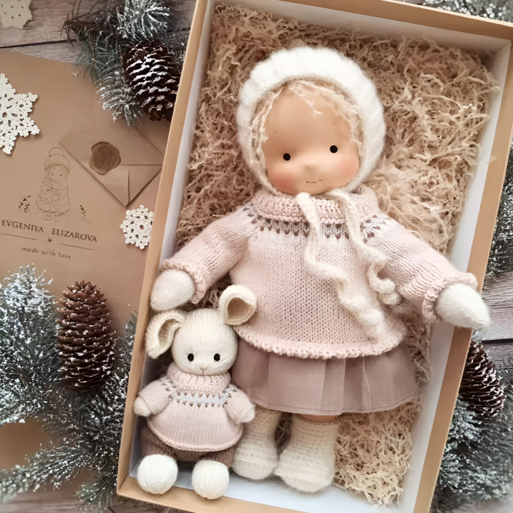 Waldorf style handmade doll, soft cotton and wool, perfect children's gift.