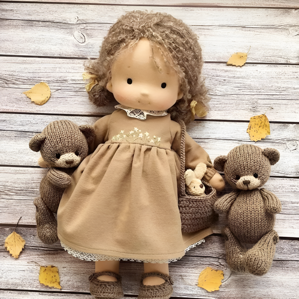Unique handmade Waldorf doll, a soft natural cuddly toy for imaginative play.