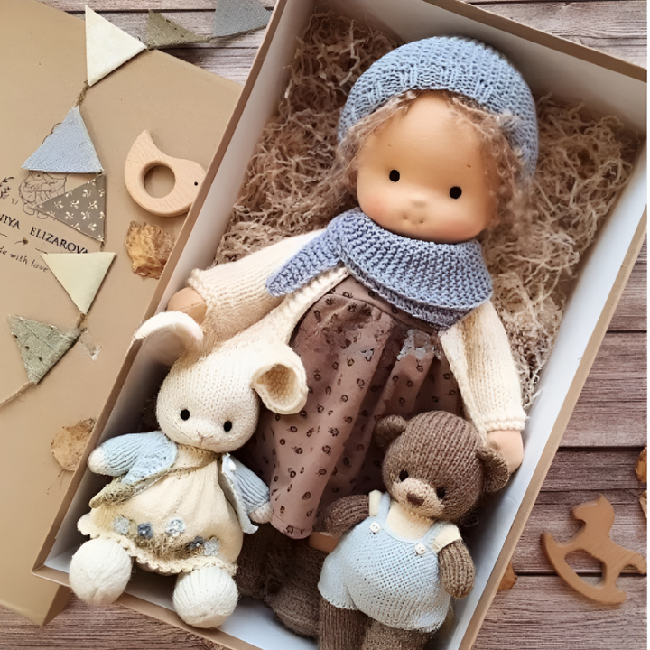 Kids' natural Waldorf doll, soft, eco-friendly, and handmade with care.