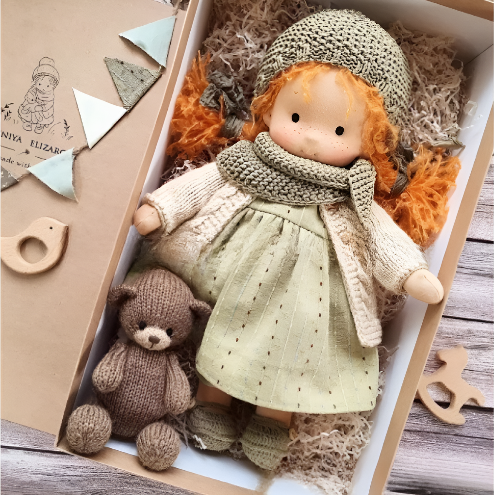 Toddler's cuddly Waldorf doll, handmade from soft, natural fibers.