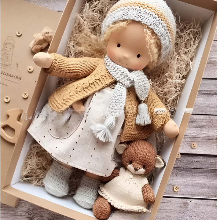 Handmade Waldorf doll for kids, a soft natural companion.