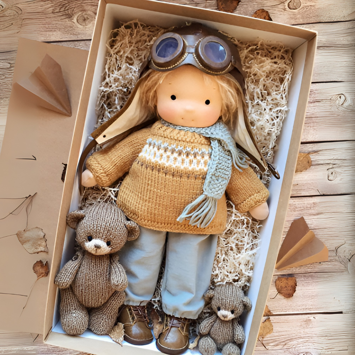 Soft cotton Waldorf doll, handmade and eco-friendly for imaginative play.