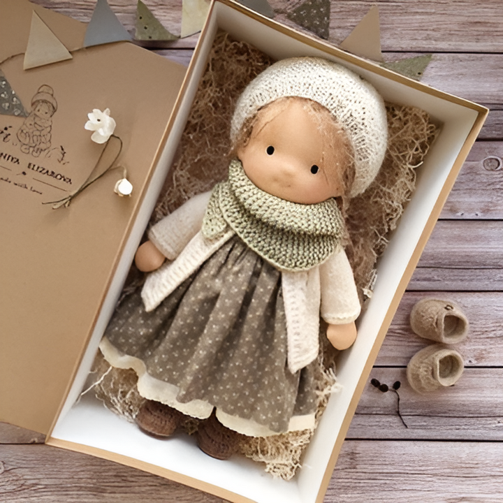 Natural wool Waldorf doll, a handmade cuddly toy for children.