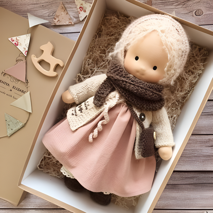 Soft natural Waldorf doll, a handmade cuddly toy for imaginative play.