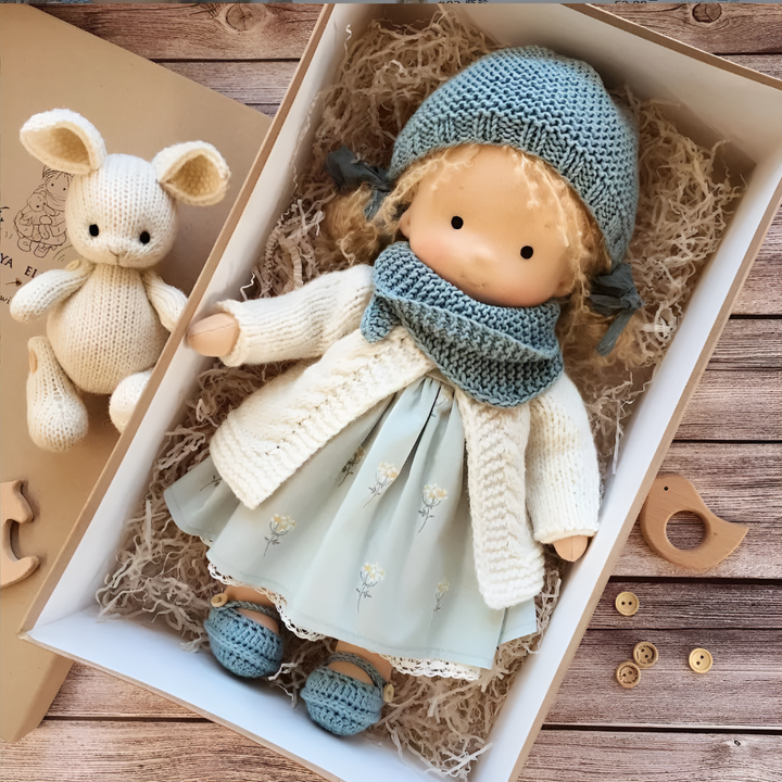Eco-friendly Waldorf playmate, a handmade soft doll for toddlers.