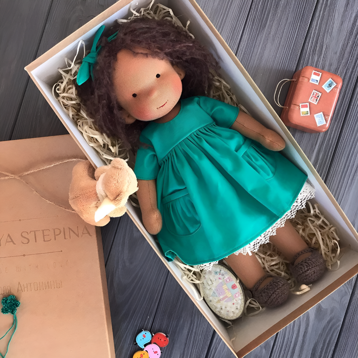 Handmade Waldorf soft doll, natural and cuddly, ideal for kids.