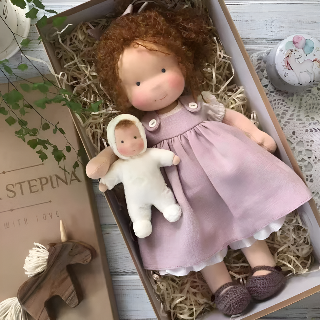 Waldorf doll, soft natural handmade toy, perfect for children.