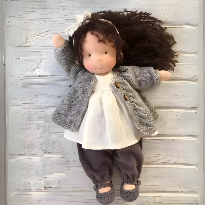 Cuddly Waldorf doll, handmade from natural cotton & wool for toddlers.