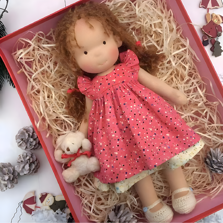 Soft natural Waldorf doll, eco-friendly and handmade for children's play.