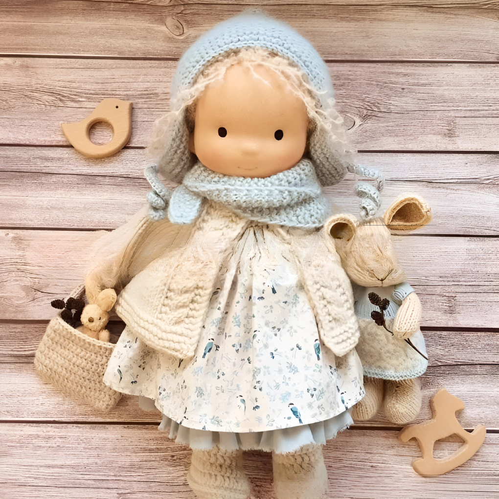 Toddler's natural Waldorf doll, soft, handmade, and great for gifting.