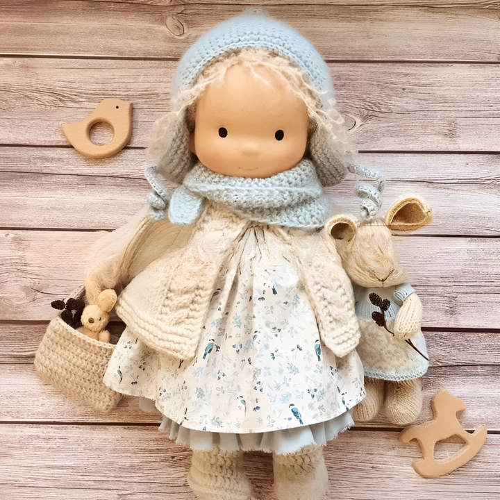 Toddler's natural Waldorf doll, soft, handmade, and great for gifting.