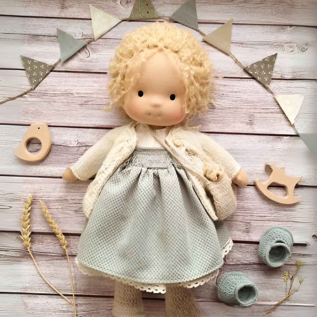 Kids' eco-friendly Waldorf doll, handmade with natural cotton and wool.