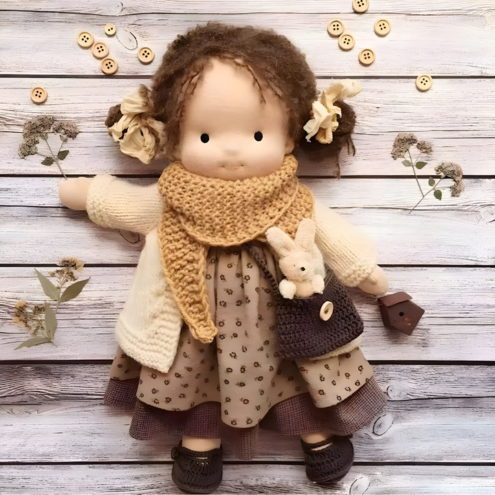 Children's handmade Waldorf doll, soft, cuddly, and made from natural fibers.