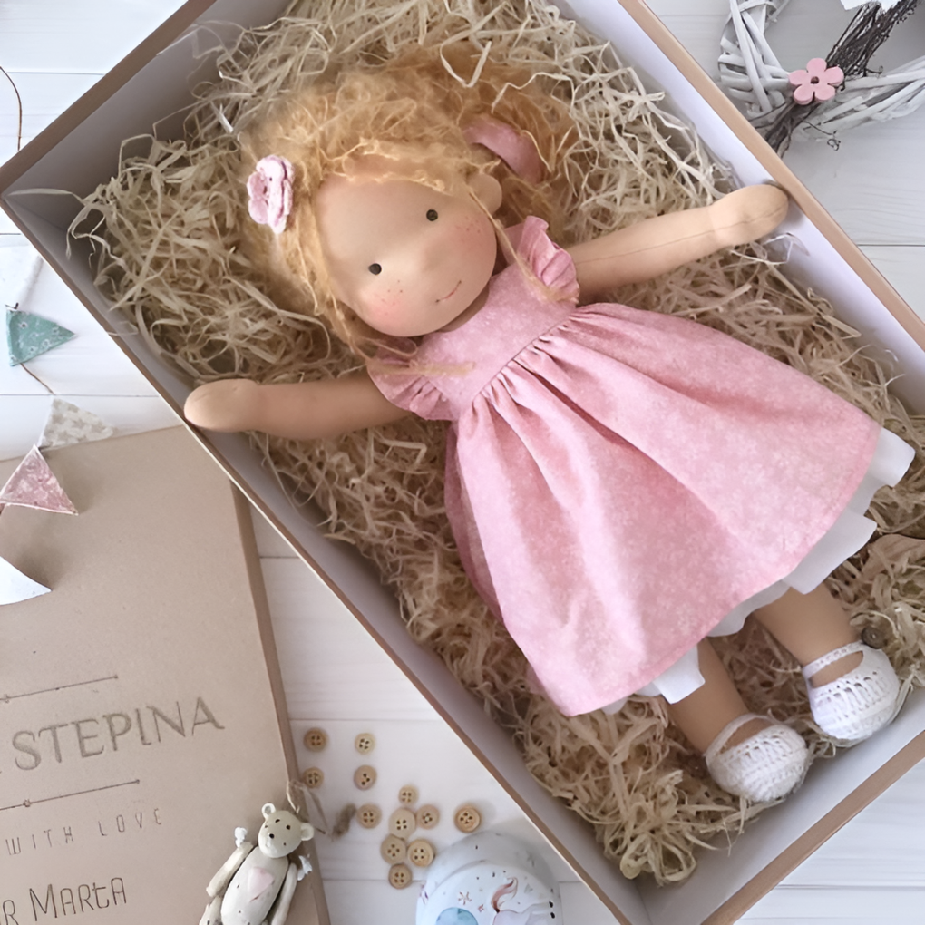 Natural Waldorf doll, handmade with soft wool and cotton for kids.