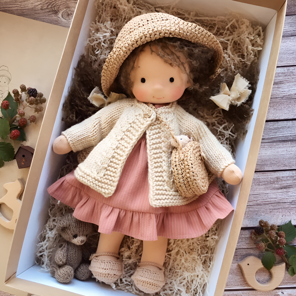 Kids' natural eco-friendly Waldorf doll, handmade and soft.