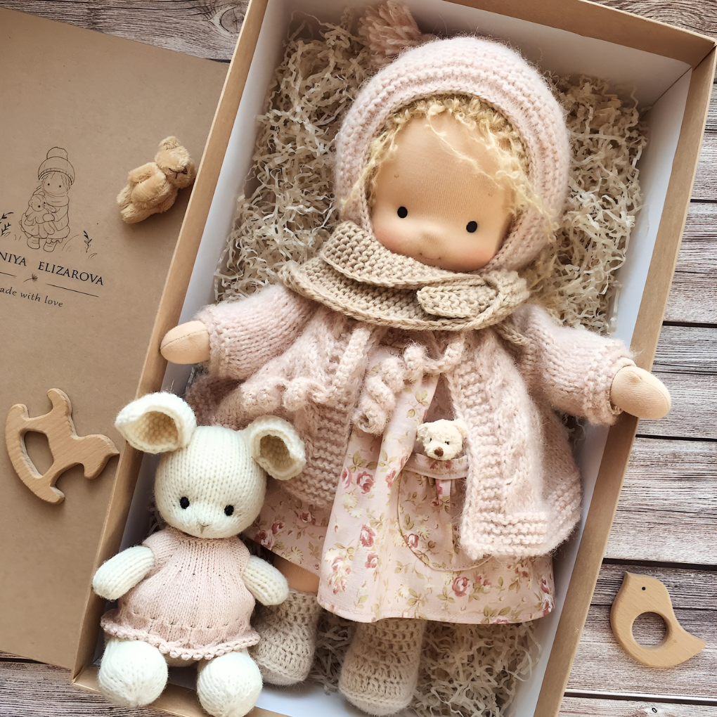 Eco-friendly Waldorf cuddly doll, handmade for children's gentle play.