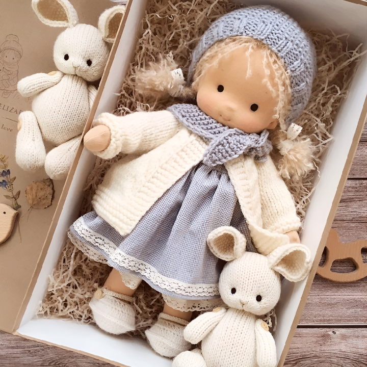 Handmade soft Waldorf doll, natural materials, perfect kids' gift.