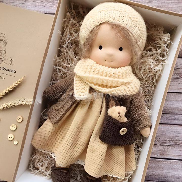 Natural cotton Waldorf doll, a handmade soft toy for imaginative kids.