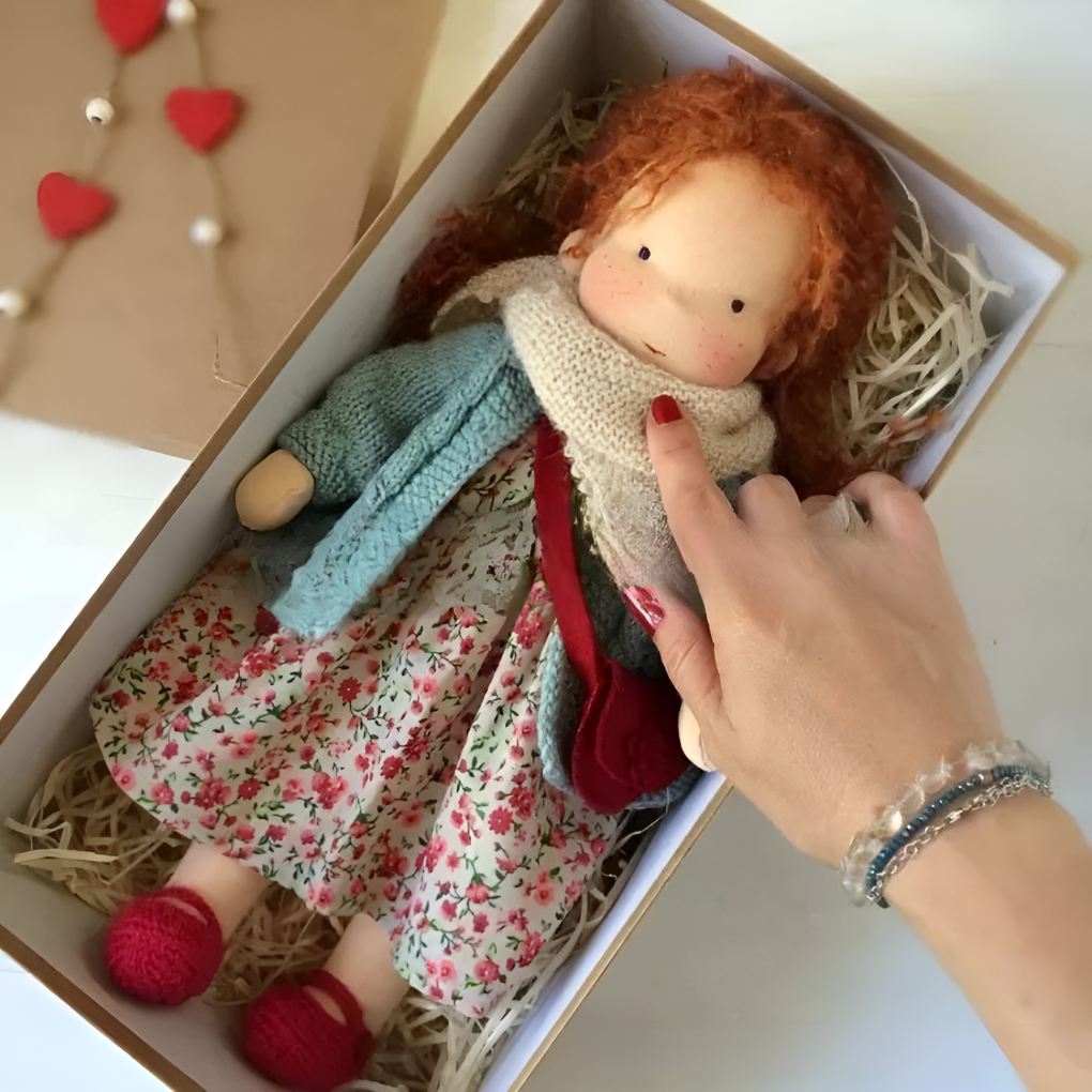 Soft Waldorf doll, handmade from natural wool, a cuddly child's gift.