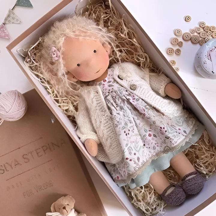 Soft playmate Waldorf doll, handmade from natural materials for toddlers.