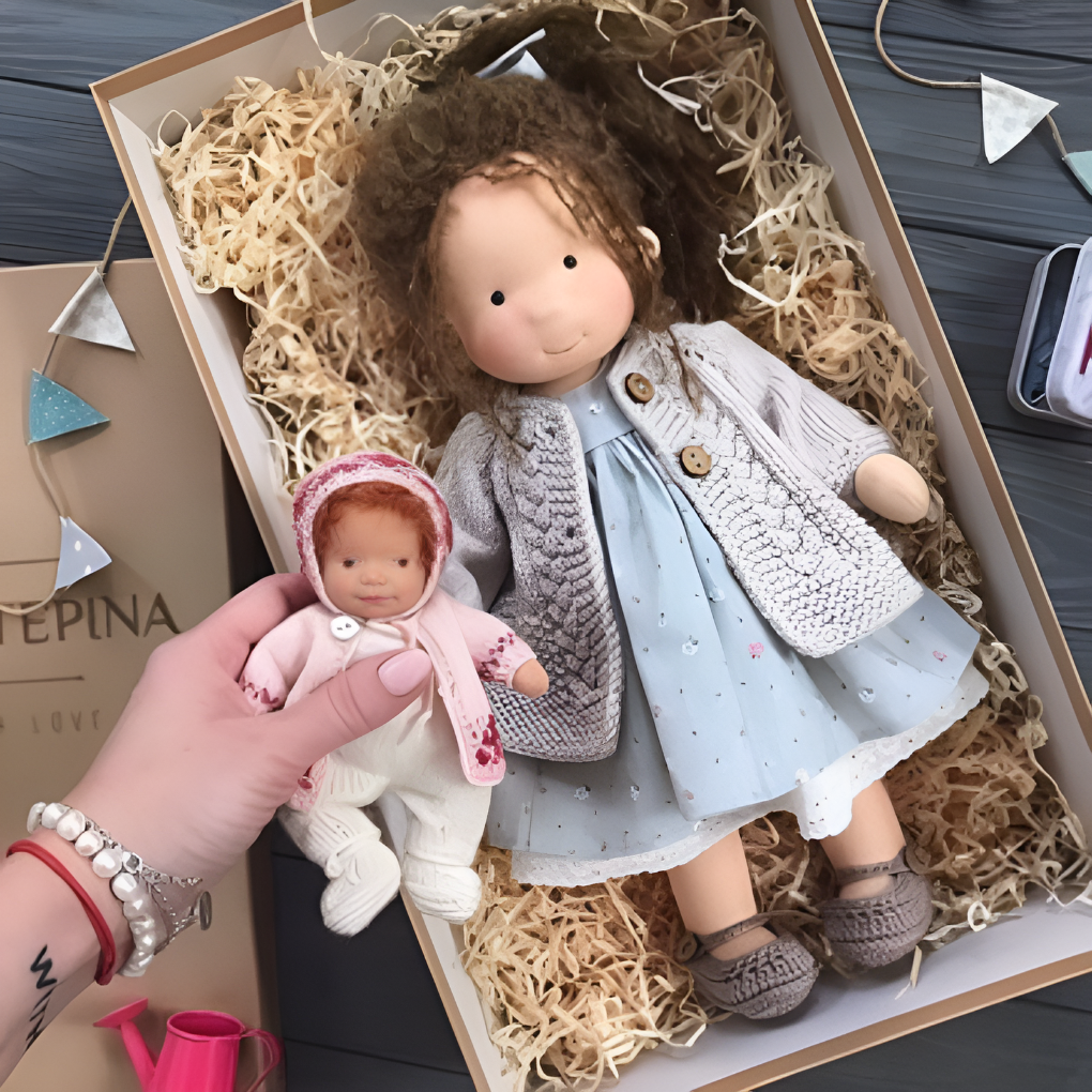 Children's handmade Waldorf doll, promoting imaginative and gentle play.