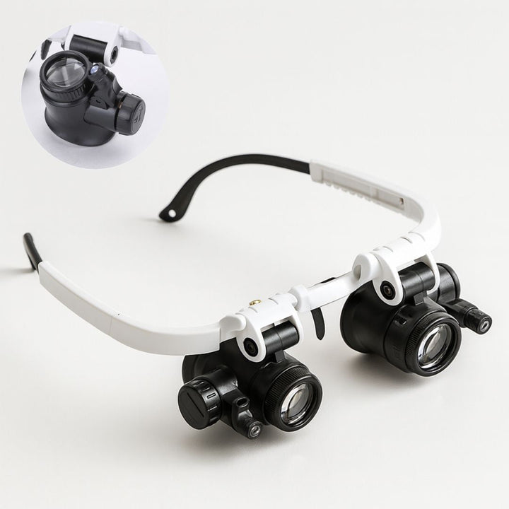Hands-free LED magnifying glasses for close-up tasks. Adjustable headband magnifier with 8x, 15x, 23x lenses for crafting.