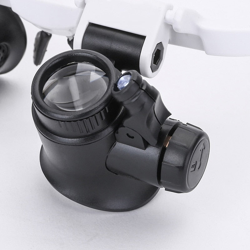 Comfortable adjustable headband magnifier with LED light. 8x, 15x, 23x lenses for extended crafting & electronic repair sessions.