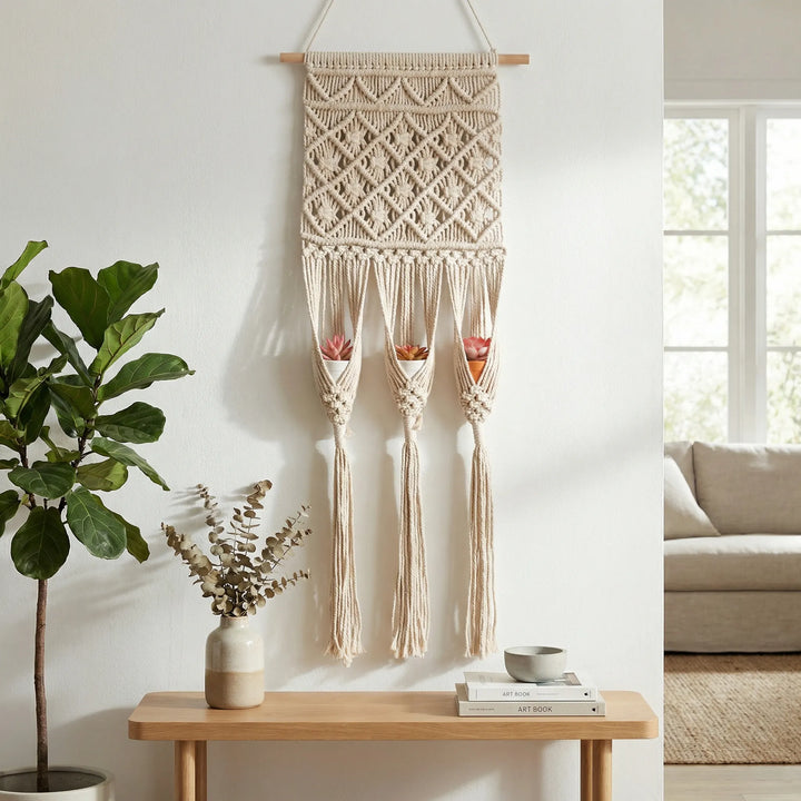 Handwoven bohemian wall planter hanger, perfect for displaying indoor plants as a decorative home accent.