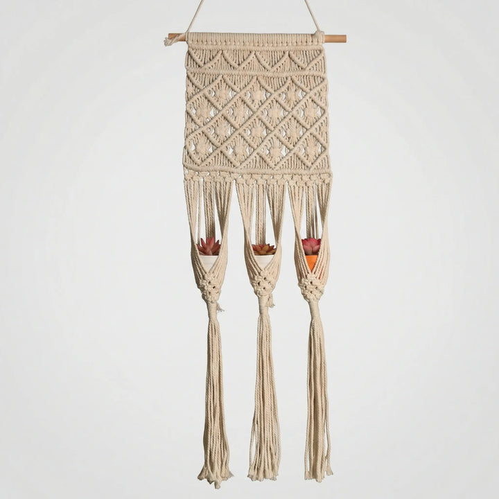Artisanal handwoven macrame wall planter hanger for a boho plant display, ideal for vertical gardens.