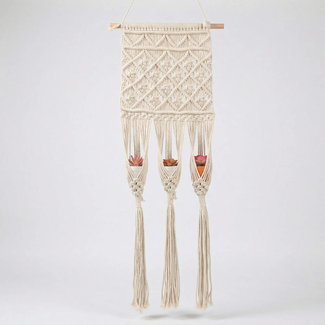 Unique handwoven wall planter hanger, a bohemian home decor piece perfect for indoor plant enthusiasts.