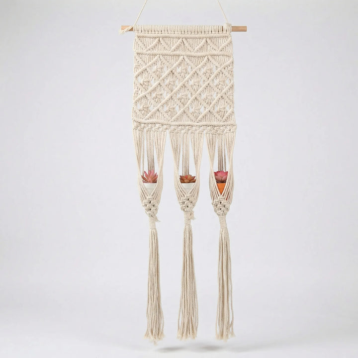 Unique handwoven wall planter hanger, a bohemian home decor piece perfect for indoor plant enthusiasts.