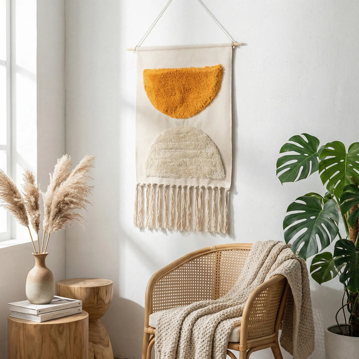 Handwoven Geometric Wall Hanging Tapestry, Flowique wave pattern, modern bohemian home decor accent.