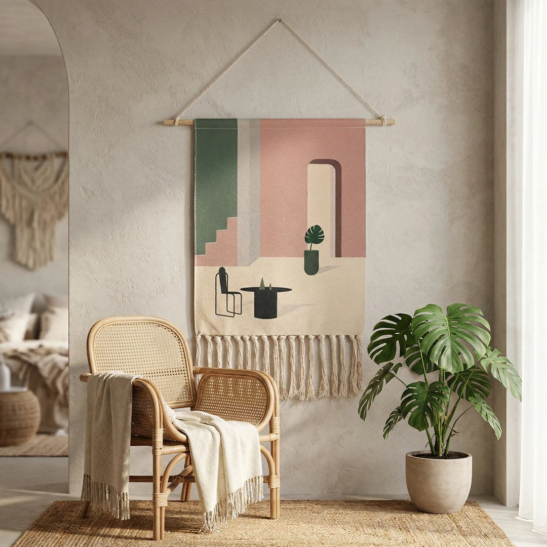 Artisan handwoven wall hanging tapestry with geometric patterns, Flowique waves & fringe, bohemian home accent.