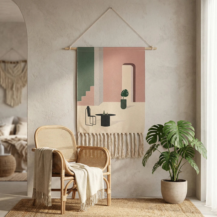 Artisan handwoven wall hanging tapestry with geometric patterns, Flowique waves & fringe, bohemian home accent.