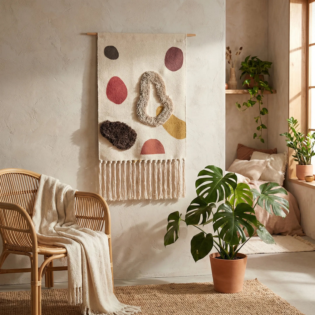 Textile art wall decor: Handwoven geometric tapestry with Flowique wave design, perfect for bohemian homes.