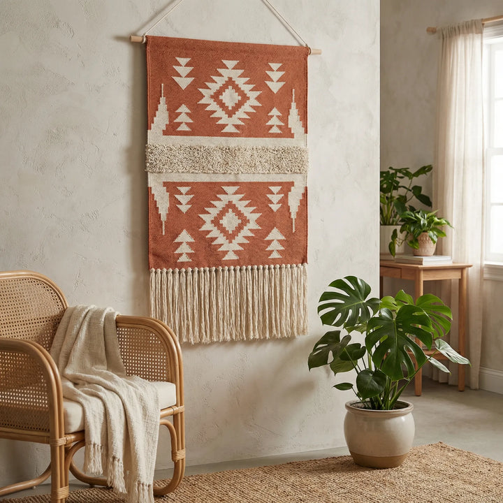 Vibrant handwoven geometric wall tapestry with Flowique wave motif and delicate fringe, modern bohemian style.