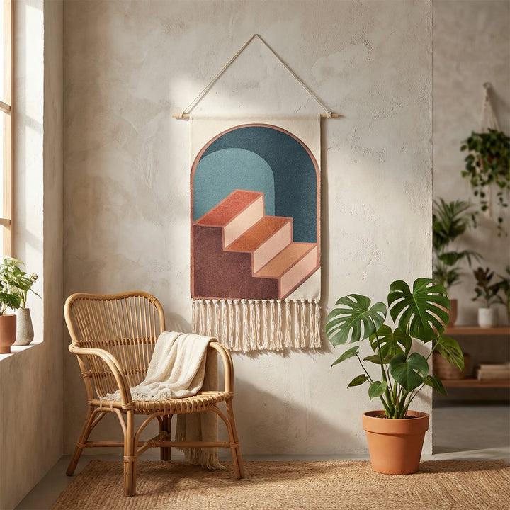 Statement handwoven geometric wall tapestry featuring Flowique wave design, perfect modern bohemian textile art.