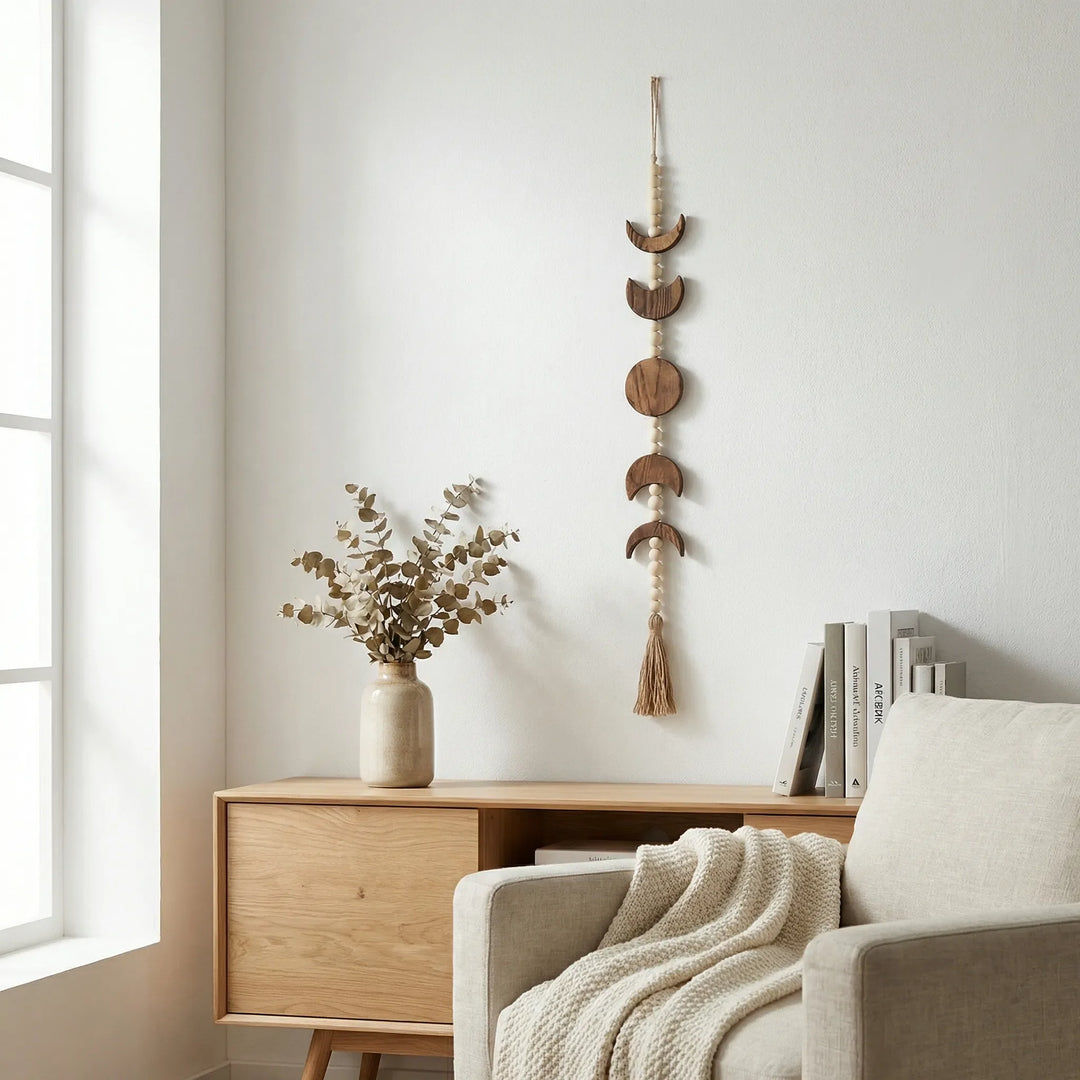 Handwoven moon motif wall hanging art for serene bohemian home decor. Unique handcrafted neutral living room accent.