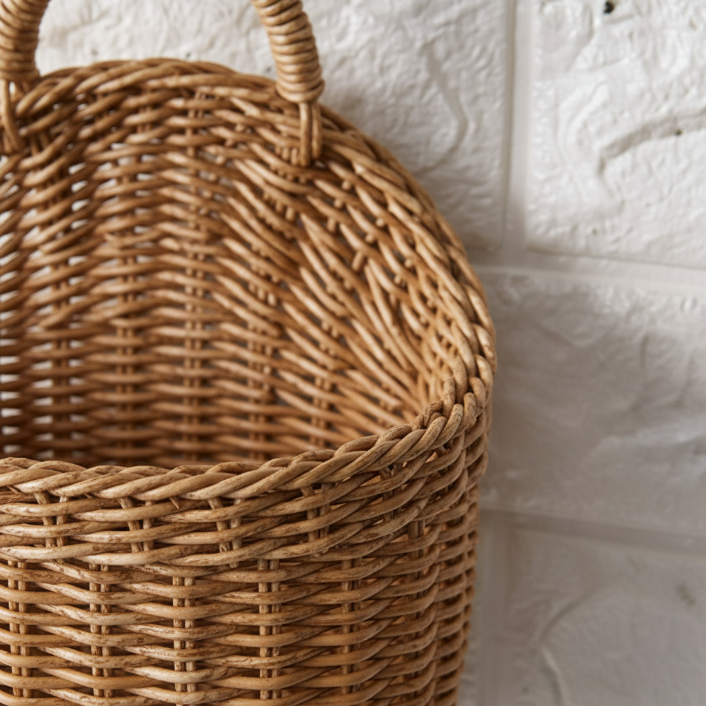 Rustic handwoven wall baskets with ergonomic handles, enhancing farmhouse & boho home aesthetics.