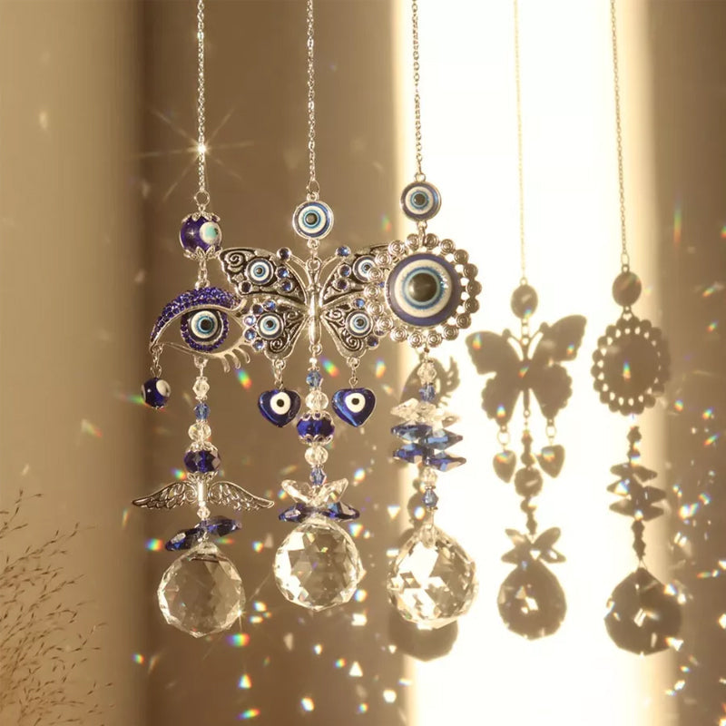 Hanging blue evil eye ornament, crystal chime, good luck charm
