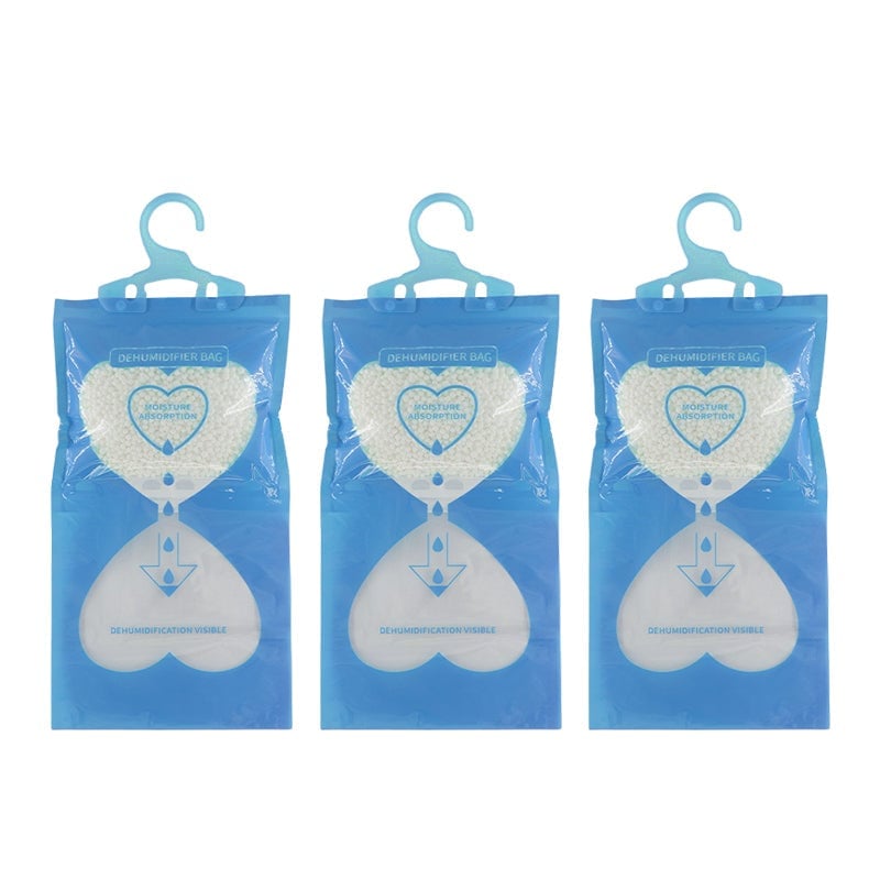 Hanging packet of desiccant crystals, actively absorbing moisture in home environments.