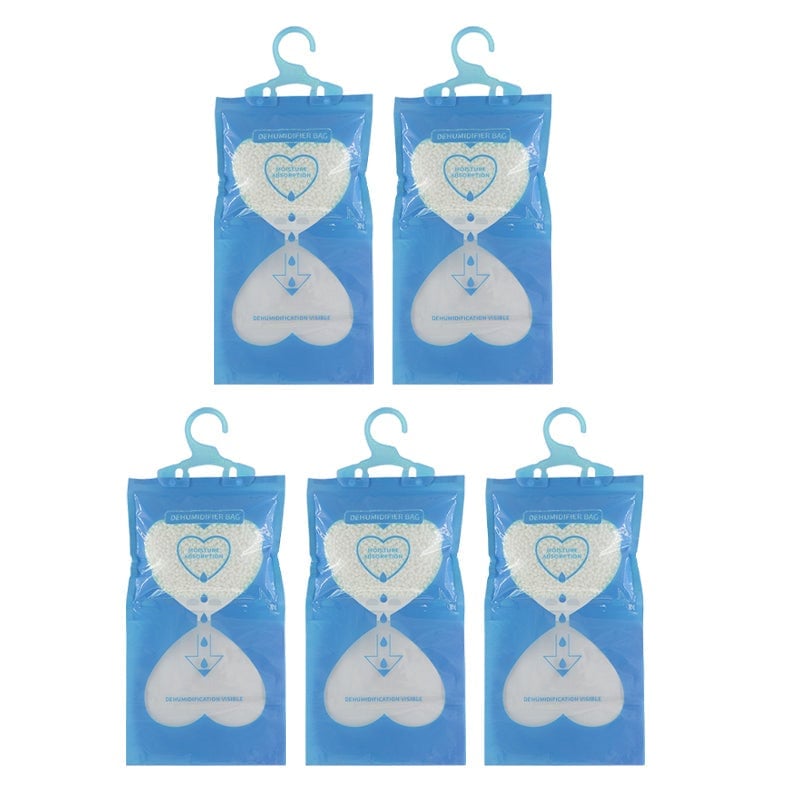 Moisture-absorbing bag, designed for easy hanging in closets, basements, or laundry rooms.