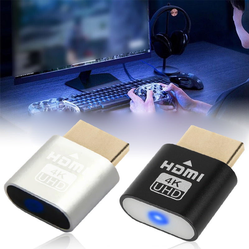 HDMI virtual display adapter next to a monitor, illustrating its role in creating a virtual screen