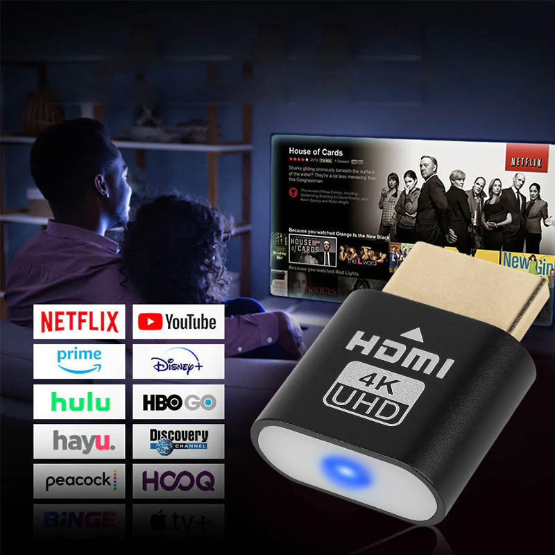 HDMI virtual display adapter connected to a computer port, showcasing its use as a headless ghost