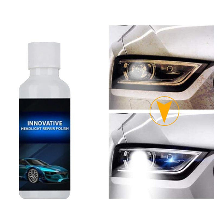 Applying headlight repair polish to a hazy car headlight, showing auto detailing process