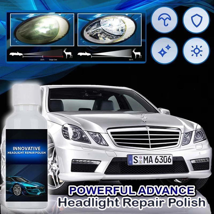Restored car headlight after using automotive polish, with clear lens and UV protection