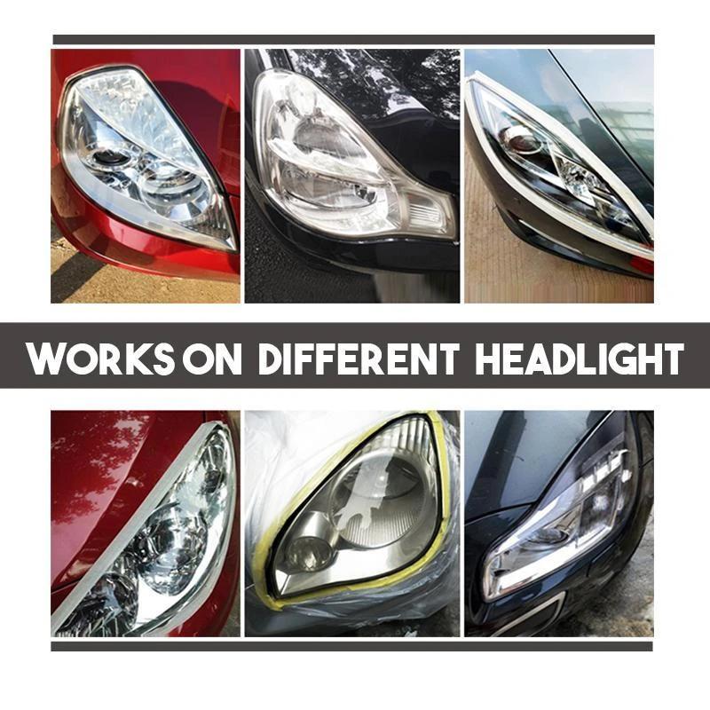 Before and after (split image) using car care headlight restoration polish on an auto headlight