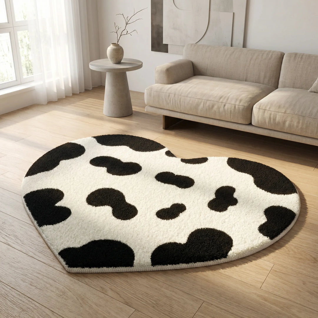 Heart-shaped area rug with modern wave design, perfect for cozy living rooms or bedrooms. Flowique home decor accent.