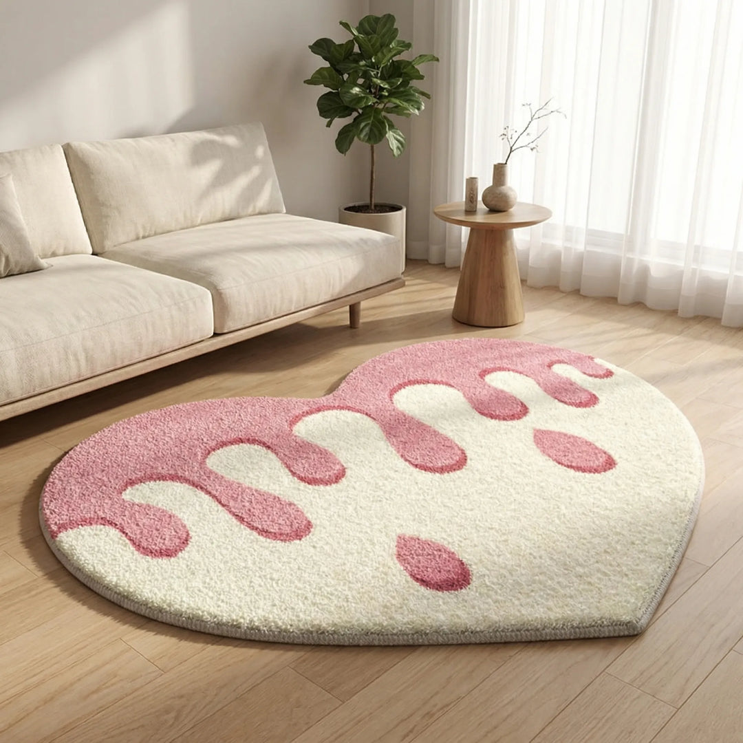 Stylish heart area rug with elegant wave pattern, enhancing modern living room and bedroom decor. Flowique design.